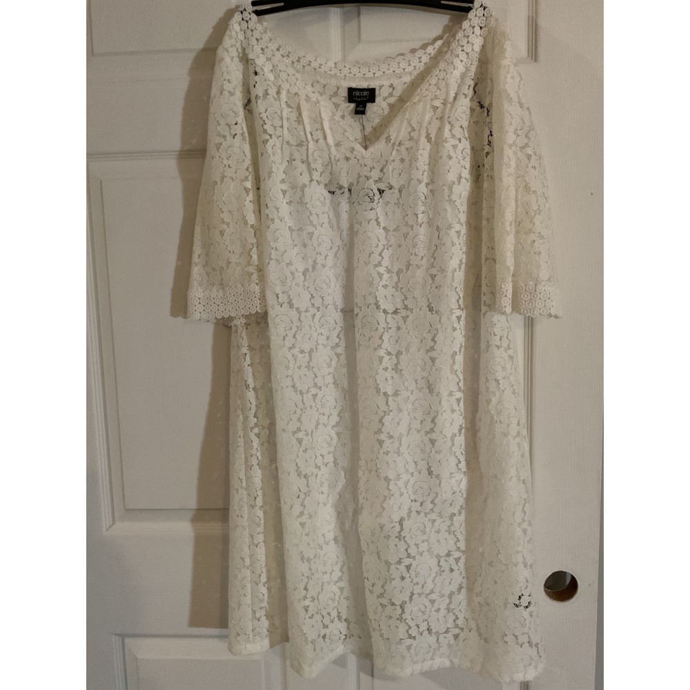 Nicole by Nicole Miller White Floral Lace Shift Dress V-Neck 3/4 Sleeve Size 14